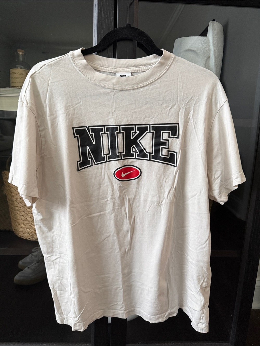 Nike White Short Sleeve Tee with Black Lettering and Red Swoosh
